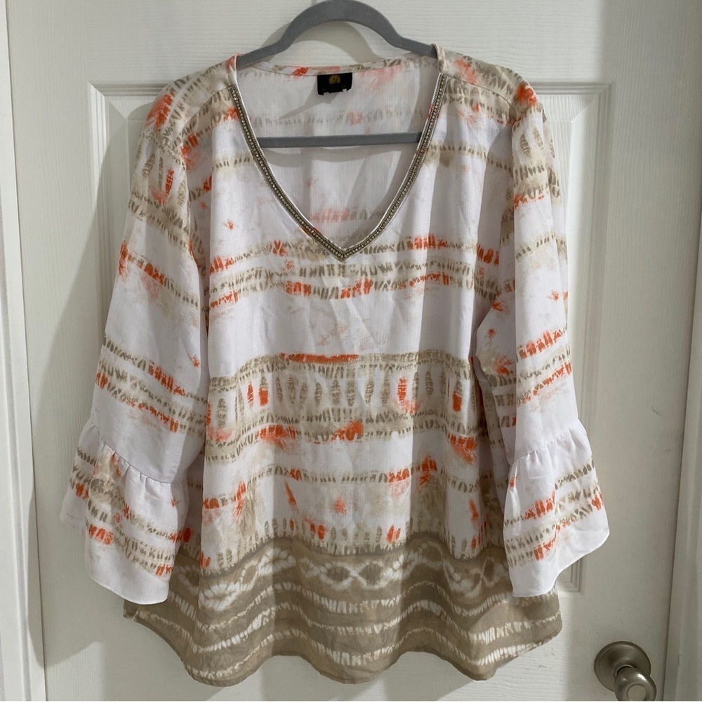 JM Collection Womens Printed Bell Sleeve Top Stone Combo Beige Plus Size 2X - Picture 2 of 7